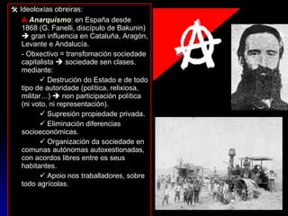    Ideoloxías obreiras: A   Anarquismo : en España desde 1868 (G. Fanelli, discípulo de Bakunin)    gran influencia en Cataluña, Aragón, Levante e Andalucía. - Obxectivo = transfomación sociedade capitalista    sociedade sen clases, mediante:    Destrución do Estado e de todo tipo de autoridade (política, relixiosa, militar…)    non participación política (ni voto, ni representación).    Supresión propiedade privada.    Eliminación diferencias socioeconómicas.    Organización da sociedade en comunas autónomas autoxestionadas, con acordos libres entre os seus habitantes.    Apoio nos traballadores, sobre todo agrícolas. 