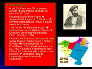País Vasco: Abolición foros tras última guerra carlista    nacemento corrente de reinvidiación foral. Industrialización País Vasco    chegada de inmigración (maketos)    corrente defensora de lingua e cultura vasca (euskeros). 2 correntes (foralista e euskera)    nacionalismo vasco (Sabino Arana)    fundación do Partido Nacionalista Vasco (PNV) en 1894. Ideoloxía de Arana = principios de raza vasca, foros e relixión (lema = Deus e lei vella)    independencia de Euskalerria (7 provincias vascas = Bis, Gui, Ala, Navarra e 3 francesas). Nos últimos anos da súa vida modeou o seu discurso    abandono idea da independencia e defensa da autonomía. 