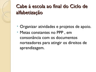 Cabe à escola ao final do Ciclo de
alfabetização
Organizar atividades e projetos de apoio.
• Metas constantes no PPP , em
consonância com os documentos
norteadores para atingir os direitos de
aprendizagem.
•

 