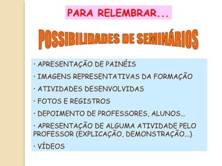 PARA RELEMBRAR...

•

APRESENTAÇÃO DE PAINÉIS

•

IMAGENS REPRESENTATIVAS DA FORMAÇÃO

•

ATIVIDADES DESENVOLVIDAS

•

FOTOS E REGISTROS

•

DEPOIMENTO DE PROFESSORES, ALUNOS...

APRESENTAÇÃO DE ALGUMA ATIVIDADE PELO
PROFESSOR (EXPLICAÇÃO, DEMONSTRAÇÃO...)
•
•

VÍDEOS

 