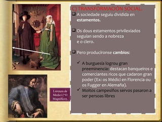 C) TRANSFORMACIÓN SOCIAL.
 A sociedade seguiu dividida en
estamentos.

 Os dous estamentos privilexiados
seguían sendo a nobreza
e o clero.
 Pero producíronse cambios:
 A burguesía logrou gran
preeminencia: destacan banqueiros e
comerciantes ricos que cadaron gran
poder (Ex: os Médici en Florencia ou
os Fugger en Alemaña).
 Moitos campesiños servos pasaron a
ser persoas libres

 