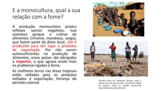 E a monocultura, qual a sua
relação com a fome?
A produção monocultora produz
reflexos sociais negativos, isso
acontece porque o cultivo de
alimentos (inhame, mandioca, sorgo),
que fazem parte da dieta local, não é
produzido para dar lugar a produtos
de exportação. Por não serem
autossuficientes na produção de
alimentos, esses países são obrigados
a importar, o que agrava ainda mais
os problemas ligados à fome.
As melhores terras nas áreas tropicais
estão voltadas para os produtos
voltados à exportação, herança do
período colonial
Grandes áreas do continente africano estão a
braços com uma seca recorde. Cerca de 45 milhões
de pessoas estão ou estarão brevemente
dependentes de ajuda alimentar
 