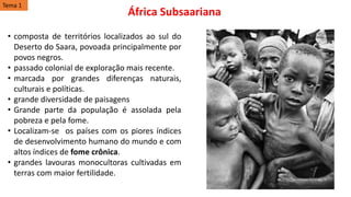 • composta de territórios localizados ao sul do
Deserto do Saara, povoada principalmente por
povos negros.
• passado colonial de exploração mais recente.
• marcada por grandes diferenças naturais,
culturais e políticas.
• grande diversidade de paisagens
• Grande parte da população é assolada pela
pobreza e pela fome.
• Localizam-se os países com os piores índices
de desenvolvimento humano do mundo e com
altos índices de fome crônica.
• grandes lavouras monocultoras cultivadas em
terras com maior fertilidade.
África Subsaariana
Tema 1
 