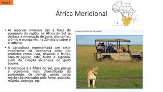 África Meridional
• As reservas minerais são a força da
economia da região, na África do Sul se
destaca a mineração de ouro, diamantes,
crômio e manganês, na Zâmbia o cobre e
o cobalto.
• A agricultura representada um setor
importante da economia com por
produtos como uvas, oliveiras e frutas,
cana-de-açúcar, café, fumo e algodão,
além da criação extensiva de gado
bovino.
• O destaque é a África do Sul, que possui
a economia mais diversificada do
continente. Os demais países desta
região são marcados pela fome, pobreza,
miséria, doenças, etc.
Tema 1
 