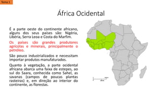 África Ocidental
É a parte oeste do continente africano,
alguns dos seus países são: Nigéria,
Libéria, Serra Leoa e Costa do Marfim.
Os países são grandes produtores
agrícolas e minerais, principalmente o
petróleo.
São pouco industrializados e necessitam
importar produtos manufaturados.
Quanto à vegetação, a parte ocidental
africana abarca uma faixa de estepes, ao
sul do Saara, conhecida como Sahel, as
savanas (campos de poucas plantas
rasteiras) e, em direção ao interior do
continente, as florestas.
Tema 1
 