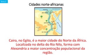 Cidades norte-africanas
Cairo, no Egito, é a maior cidade do Norte da África.
Localizada no delta do Rio Nilo, forma com
Alexandria a maior concentração populacional da
região.
Tema 3
 