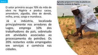 O setor primário ocupa 70% da mão de
obra na Nigéria e produz cacau,
amendoim, algodão, óleo de dendê,
milho, arroz, sorgo e mandioca.
Já a indústria, localizada
principalmente nos arredores de
Lagos, emprega 10% dos
trabalhadores do país, sobretudo
em atividades associadas ao
processamento do petróleo. Os
20% restantes estão empregados
em serviços e comércio nas
cidades.
Agricultor prepara terra antes do plantio em
Kukarata, nordeste da Nigéria.
Tema 3
 