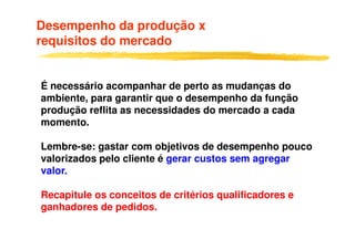 Desempenho da produção x
requisitos do mercado
É necessário acompanhar de perto as mudanças do
ambiente, para garantir que o desempenho da função
produção reflita as necessidades do mercado a cada
momento.momento.
Lembre-se: gastar com objetivos de desempenho pouco
valorizados pelo cliente é gerar custos sem agregar
valor.
Recapitule os conceitos de critérios qualificadores e
ganhadores de pedidos.
 