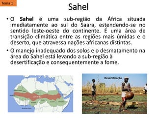 Sahel
• O Sahel é uma sub-região da África situada
imediatamente ao sul do Saara, estendendo-se no
sentido leste-oeste do continente. É uma área de
transição climática entre as regiões mais úmidas e o
deserto, que atravessa nações africanas distintas.
• O manejo inadequado dos solos e o desmatamento na
área do Sahel está levando a sub-região à
desertificação e consequentemente a fome.
Desertificação
Tema 1
 