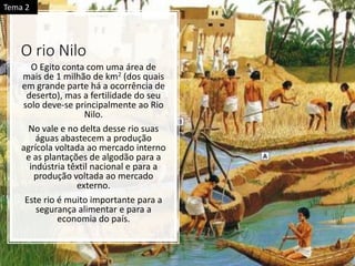 O rio Nilo
O Egito conta com uma área de
mais de 1 milhão de km2 (dos quais
em grande parte há a ocorrência de
deserto), mas a fertilidade do seu
solo deve-se principalmente ao Rio
Nilo.
No vale e no delta desse rio suas
águas abastecem a produção
agrícola voltada ao mercado interno
e as plantações de algodão para a
indústria têxtil nacional e para a
produção voltada ao mercado
externo.
Este rio é muito importante para a
segurança alimentar e para a
economia do país.
Tema 2
 