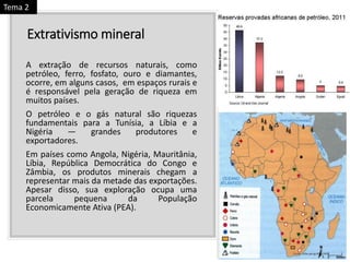 Extrativismo mineral
A extração de recursos naturais, como
petróleo, ferro, fosfato, ouro e diamantes,
ocorre, em alguns casos, em espaços rurais e
é responsável pela geração de riqueza em
muitos países.
O petróleo e o gás natural são riquezas
fundamentais para a Tunísia, a Líbia e a
Nigéria — grandes produtores e
exportadores.
Em países como Angola, Nigéria, Mauritânia,
Líbia, República Democrática do Congo e
Zâmbia, os produtos minerais chegam a
representar mais da metade das exportações.
Apesar disso, sua exploração ocupa uma
parcela pequena da População
Economicamente Ativa (PEA).
Tema 2
 