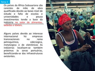 Os países da África Subsaariana são
carentes de mão de obra
qualificada devido ao baixo nível de
estudo e falta de escolas e
universidades e pouco
investimentos tendo a base da
indústria no setor de alimentos,
bebidas e têxteis.
Alguns países devido ao interesse
internacional há empresas
transnacionais no ramo
petroquímico, siderúrgica,
metalúrgica e de eletrônicos As
indústrias localizam-se também
próximas às zonas portuárias,
beneficiando-se das infraestruturas
existentes.
Tema 3
 