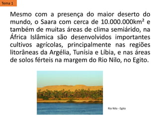 Mesmo com a presença do maior deserto do
mundo, o Saara com cerca de 10.000.000km² e
também de muitas áreas de clima semiárido, na
África Islâmica são desenvolvidos importantes
cultivos agrícolas, principalmente nas regiões
litorâneas da Argélia, Tunísia e Líbia, e nas áreas
de solos férteis na margem do Rio Nilo, no Egito.
Rio Nilo - Egito
Tema 1
 