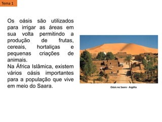 Os oásis são utilizados
para irrigar as áreas em
sua volta permitindo a
produção de frutas,
cereais, hortaliças e
pequenas criações de
animais.
Na África Islâmica, existem
vários oásis importantes
para a população que vive
em meio do Saara. Oásis no Saara - Argélia
Tema 1
 