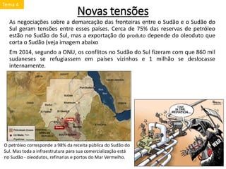 Novas tensões
As negociações sobre a demarcação das fronteiras entre o Sudão e o Sudão do
Sul geram tensões entre esses países. Cerca de 75% das reservas de petróleo
estão no Sudão do Sul, mas a exportação do produto depende do oleoduto que
corta o Sudão (veja imagem abaixo
Em 2014, segundo a ONU, os conflitos no Sudão do Sul fizeram com que 860 mil
sudaneses se refugiassem em países vizinhos e 1 milhão se deslocasse
internamente.
O petróleo corresponde a 98% da receita pública do Sudão do
Sul. Mas toda a infraestrutura para sua comercialização está
no Sudão - oleodutos, refinarias e portos do Mar Vermelho.
Tema 4
 