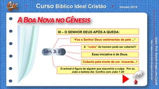 III – O SENHOR DEUS APÓS A QUEDA:
“Fez o Senhor Deus vestimentas de pele ...”
A “nudez” do homem pode ser coberta!!!
Essa iniciativa é de Deus.
Coberto pela morte de um inocente...!
O animal é figura de alguém que assumiria a culpa. Por ex.
João o batista diz: Confira com João 1:29
 