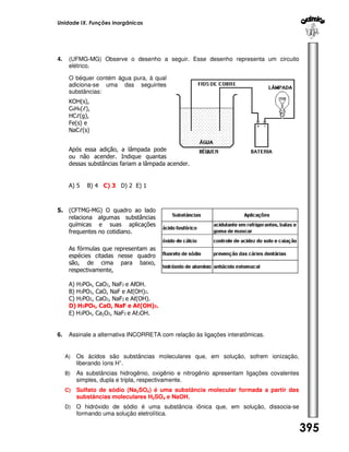 Unidade IX. Funções Inorgânicas

4.

(UFMG-MG) Observe o desenho a seguir. Esse desenho representa um circuito
elétrico.
O béquer contém água pura, à qual
adiciona-se uma das seguintes
substâncias:
KOH(s),
C6H6(ℓ),
HCℓ(g),
Fe(s) e
NaCℓ(s)
Após essa adição, a lâmpada pode
ou não acender. Indique quantas
dessas substâncias fariam a lâmpada acender.

A) 5

B) 4 C) 3 D) 2 E) 1

5. (CFTMG-MG) O quadro ao lado
relaciona algumas substâncias
químicas e suas aplicações
frequentes no cotidiano.
As fórmulas que representam as
espécies citadas nesse quadro
são, de cima para baixo,
respectivamente,
A) H3PO4, CaO2, NaF2 e AℓOH.
B) H3PO3, CaO, NaF e Aℓ(OH)2.
C) H2PO2, CaO2, NaF2 e Aℓ(OH).
D) H3PO4, CaO, NaF e Aℓ(OH)3.
E) H3PO4, Ca2O2, NaF2 e Aℓ3OH.

6.

Assinale a alternativa INCORRETA com relação às ligações interatômicas.

A)

Os ácidos são substâncias moleculares que, em solução, sofrem ionização,
liberando íons H+.

B)

As substâncias hidrogênio, oxigênio e nitrogênio apresentam ligações covalentes
simples, dupla e tripla, respectivamente.

C)

Sulfato de sódio (Na2SO4) é uma substância molecular formada a partir das
substâncias moleculares H2SO4 e NaOH.

D)

O hidróxido de sódio é uma substância iônica que, em solução, dissocia-se
formando uma solução eletrolítica.

395

 