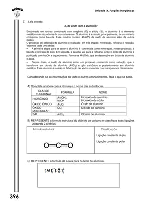 Unidade IX. Funções Inorgânicas

7.

Leia o texto:
E, de onde vem o alumínio?
Encontrado em rochas combinado com oxigênio (O) e silício (Si), o alumínio é o elemento
metálico mais abundante da crosta terrestre. O alumínio é extraído, principalmente, de um minério
conhecido como bauxita. Esse minério contém 40-60% de óxido de alumínio além de outros
óxidos.
O processo de obtenção do alumínio é realizado em três etapas: mineração, refinaria e redução.
Vejamos cada uma delas:
•
A primeira etapa para se obter o alumínio é conhecida como mineração. Nesse processo, a
bauxita é retirada do solo. Em seguida, a bauxita vai para a refinaria, onde o óxido de alumínio é
purificado com NaOH e aquecimento. Forma-se Al(OH)3 que se decompõe em óxido de alumínio
e água.
•
Depois disso, o óxido de alumínio sofre um processo conhecido como redução, que o
transforma em cloreto de alumínio (AlCl3) e gás carbônico e posteriormente em alumínio
metálico. Esse alumínio é usado na fabricação de vários materiais que manipulamos diariamente.

Considerando-se as informações do texto e outros conhecimentos, faça o que se pede.
A) Complete a tabela com a fórmula e o nome das substâncias.
CLASSE
FUNCIONAL
HIDRÓXIDO
ÓXIDO IÔNICO
ÓXIDO
MOLECULAR
SAL

FÓRMULA

NOME

Al2O3
CO2

Hidróxido de alumínio
Hidróxido de sódio
Óxido de alumínio
Dióxido de carbono

AlCl3

Cloreto de alumínio

Al(OH)3

NaOH

B) REPRESENTE a fórmula estrutural do dióxido de carbono e classifique suas ligações
utilizando 2 critérios.
Fórmula estrutural

Classificação

Ligação covalente dupla
Ligação covalente polar

C) REPRESENTE a fórmula de Lewis para o óxido de alumínio.

396

 