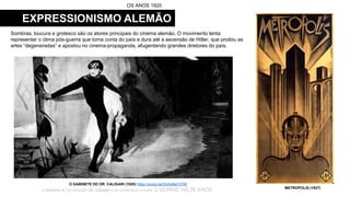 OS ANOS 1920
EXPRESSIONISMO ALEMÃO
Sombras, loucura e grotesco são os atores principais do cinema alemão. O movimento tenta
representar o clima pós-guerra que toma conta do país e dura até a ascensão de Hitler, que proibiu as
artes “degeneradas” e apostou no cinema-propaganda, afugentando grandes diretores do país.
METROPOLIS (1927)
O GABINETE DO DR. CALIGARI (1920) https://youtu.be/3GAo8erVVS8
a história do hipnotizador Dr. Caligari e do sonâmbulo Cesare Q DORME HÁ 26 ANOS
 