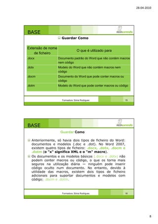 28-04-2010
8
BASE
Guardar Como
Formadora: Sónia Rodrigues 15
Extensão de nome
de ficheiro
O que é utilizado para
.docx Documento padrão do Word que não contém macros
nem código
.dotx Modelo do Word que não contém macros nem
código
.docm Documento do Word que pode conter macros ou
código
.dotm Modelo do Word que pode conter macros ou código
BASE
Anteriormente, só havia dois tipos de ficheiro do Word:
documentos e modelos (.doc e .dot). No Word 2007,
existem quatro tipos de ficheiro: .docx, .dotx, .docm e
.dotm (o "x" significa XML e o "m" macro).
Os documentos e os modelos básicos (.docx e .dotx) não
podem conter macros ou código, o que os torna mais
seguros na utilização diária — ninguém pode inserir
código oculto num documento. No entanto, devido à
utilidade das macros, existem dois tipos de ficheiro
adicionais para suportar documentos e modelos com
código: .docm e .dotm.
Formadora: Sónia Rodrigues 16
Guardar Como
 