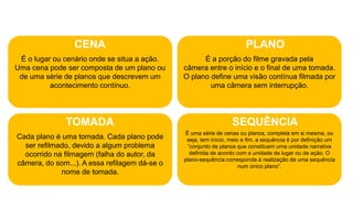 É o lugar ou cenário onde se situa a ação.
Uma cena pode ser composta de um plano ou
de uma série de planos que descrevem um
acontecimento contínuo.
CENA
É a porção do filme gravada pela
câmera entre o início e o final de uma tomada.
O plano define uma visão contínua filmada por
uma câmera sem interrupção.
PLANO
Cada plano é uma tomada. Cada plano pode
ser refilmado, devido a algum problema
ocorrido na filmagem (falha do autor, da
câmera, do som...). A essa refilagem dá-se o
nome de tomada.
TOMADA
É uma série de cenas ou planos, completa em si mesma, ou
seja, tem início, meio e fim. a sequência é por definição um
“conjunto de planos que constituem uma unidade narrativa
definida de acordo com a unidade de lugar ou de ação. O
plano-sequência corresponde à realização de uma sequência
num único plano”.
SEQUÊNCIA
 