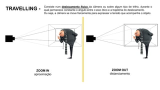 TRAVELLING -
Consiste num deslocamento físico da câmera ou sobre algum tipo de trilho, durante o
qual permanece constante o ângulo entre o eixo ótico e a trajetória do deslocamento.
Ou seja, a câmera se move fisicamente para expressar a tensão que acompanha o objeto.
ZOOM IN
aproximação
ZOOM OUT
distanciamento
 