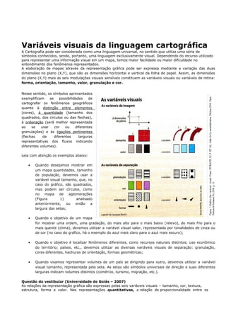 Variáveis visuais da linguagem cartográfica
A Cartografia pode ser considerada como uma linguagem universal, no sentido que utiliza uma série de
símbolos conhecidos, sendo, portanto, uma linguagem exclusivamente visual. Dependendo do recurso utilizado
para representar uma informação visual em um mapa, temos maior facilidade ou maior dificuldade no
entendimento dos fenômenos representados.
A elaboração de mapas através da representação gráfica pode ser expressa mediante a variação das duas
dimensões no plano (X,Y), que são as dimensões horizontal e vertical da folha de papel. Assim, as dimensões
do plano (X,Y) mais as seis modulações visuais sensíveis constituem as variáveis visuais ou variáveis de retina:
forma, orientação, tamanho, valor, granulação e cor.
Nesse sentido, os símbolos apresentados
exemplificam as possibilidades de
cartografar os fenômenos geográficos
quanto à distinção entre elementos
(cores), à quantidade (tamanho dos
quadrados, dos círculos ou das flechas),
à ordenação (será melhor representada
ao se usar cor ou diferentes
granulações) e às ligações pertinentes
(flechas de diferentes larguras
representativas dos fluxos indicando
diferentes volumes).
Leia com atenção os exemplos abaixo:
• Quando desejamos mostrar em
um mapa quantidades, tamanho
de população, devemos usar a
variável visual tamanho, que, no
caso do gráfico, são quadrados,
mas podem ser círculos, como
no mapa de aglomerações
(Figura 1) analisado
anteriormente, ou então a
largura das setas;
• Quando o objetivo de um mapa
for mostrar uma ordem, uma gradação, do mais alto para o mais baixo (relevo), do mais frio para o
mais quente (clima), devemos utilizar a variável visual valor, representada por tonalidades de cinza ou
de cor (no caso do gráfico, há o exemplo do azul mais claro para o azul mais escuro);
• Quando o objetivo é localizar fenômenos diferentes, como recursos naturais distintos; uso econômico
do território; países, etc., devemos utilizar as diversas variáveis visuais de separação: granulação,
cores diferentes, hachuras de orientação, formas geométricas;
• Quando visamos representar volumes de um país se dirigindo para outro, devemos utilizar a variável
visual tamanho, representada pela seta. As setas são símbolos universais de direção e suas diferentes
larguras indicam volumes distintos (comércio, turismo, migração, etc.).
Questão do vestibular (Universidade de Goiás – 2007)
As relações da representação gráfica são expressas pelas seis variáveis visuais − tamanho, cor, textura,
estrutura, forma e valor. Nas representações quantitativas, a relação de proporcionalidade entre os
 