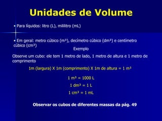 Unidades de Volume
• Para líquidos: litro (L), mililitro (mL)


• Em geral: metro cúbico (m³), decímetro cúbico (dm³) e centímetro
cúbico (cm³)
                                Exemplo
Observe um cubo: ele tem 1 metro de lado, 1 metro de altura e 1 metro de
comprimento
         1m (largura) X 1m (comprimento) X 1m de altura = 1 m³

                                 1 m³ = 1000 L
                                   1 dm³ = 1 L
                                  1 cm³ = 1 mL

            Observar os cubos de diferentes massas da pág. 49
 