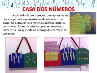 CASA DOS NÚMEROS 
A sala é dividida em grupos. Um representante 
de cada grupo fica num extremo da sala e tem que 
buscar no outro canto, o material concreto (material 
dourado em forma de carinhas) para representar o 
numero no QVL que está no pescoço de um colega de 
seu grupo. 
 