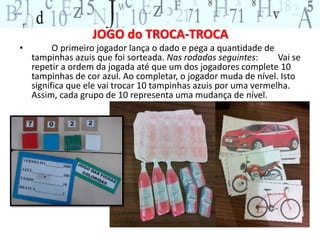 JOGO do TROCA-TROCA 
• O primeiro jogador lança o dado e pega a quantidade de 
tampinhas azuis que foi sorteada. Nas rodadas seguintes: Vai se 
repetir a ordem da jogada até que um dos jogadores complete 10 
tampinhas de cor azul. Ao completar, o jogador muda de nível. Isto 
significa que ele vai trocar 10 tampinhas azuis por uma vermelha. 
Assim, cada grupo de 10 representa uma mudança de nível. 
 