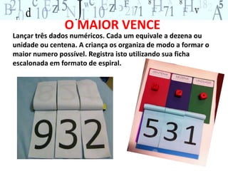 O MAIOR VENCE 
Lançar três dados numéricos. Cada um equivale a dezena ou 
unidade ou centena. A criança os organiza de modo a formar o 
maior numero possível. Registra isto utilizando sua ficha 
escalonada em formato de espiral. 
 