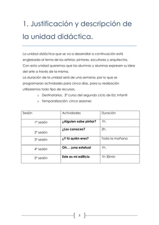 1. Justificación y descripción de
la unidad didáctica.

La unidad didáctica que se va a desarrollar a continuación está
englobada al tema de los artistas: pintores, escultores y arquitectos.
Con esta unidad queremos que los alumnos y alumnas expresen su idea
del arte a través de la misma.
La duración de la unidad será de una semana, por lo que se
programaran actividades para cinco días, para su realización
utilizaremos todo tipo de recursos.
          o Destinatarios: 3º curso del segundo ciclo de Ed. Infantil
          o Temporalización: cinco sesiones


Sesión                    Actividades               Duración

         1ª sesión        ¿Alguien sabe pintar?     1h.

                          ¿Los conoces?             2h.
         2º sesión

         3ª sesión        ¿Y tú quién eres?         Toda la mañana


         4ª sesión        Oh… ¡una estatua!         1h.


         5ª sesión        Este es mi edificio       1h 30min




                                      3
 