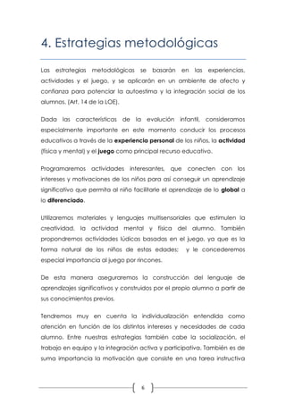 4. Estrategias metodológicas

Las   estrategias   metodológicas    se   basarán   en   las   experiencias,
actividades y el juego, y se aplicarán en un ambiente de afecto y
confianza para potenciar la autoestima y la integración social de los
alumnos. (Art. 14 de la LOE).


Dada las características de         la evolución    infantil, consideramos
especialmente importante en este momento conducir los procesos
educativos a través de la experiencia personal de los niños, la actividad
(física y mental) y el juego como principal recurso educativo.


Programaremos actividades       interesantes, que     conecten con los
intereses y motivaciones de los niños para así conseguir un aprendizaje
significativo que permita al niño facilitarle el aprendizaje de lo global a
lo diferenciado.


Utilizaremos materiales y lenguajes multisensoriales que estimulen la
creatividad, la actividad mental y física del alumno. También
propondremos actividades lúdicas basadas en el juego, ya que es la
forma natural de los niños de estas edades;           y le concederemos
especial importancia al juego por rincones.


De esta manera aseguraremos la construcción del lenguaje de
aprendizajes significativos y construidos por el propio alumno a partir de
sus conocimientos previos.


Tendremos muy en cuenta la individualización entendida como
atención en función de los distintos intereses y necesidades de cada
alumno. Entre nuestras estrategias también cabe la socialización, el
trabajo en equipo y la integración activa y participativa. También es de
suma importancia la motivación que consiste en una tarea instructiva




                                     6
 