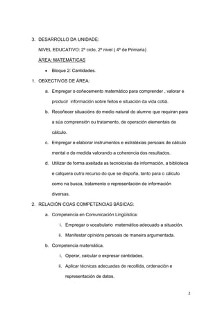 3. DESARROLLO DA UNIDADE:
NIVEL EDUCATIVO: 2º ciclo, 2º nivel ( 4º de Primaria)
ÁREA: MATEMÁTICAS
Bloque 2: Cantidades.
1. OBXECTIVOS DE ÁREA:
a. Empregar o coñecemento matemático para comprender , valorar e
producir información sobre feitos e situación da vida cotiá.
b. Recoñecer situacións do medio natural do alumno que requiran para
a súa comprensión ou tratamento, de operación elementais de
cálculo.
c. Empregar e elaborar instrumentos e estratéxias persoais de cálculo
mental e de medida valorando a coherencia dos resultados.
d. Utilizar de forma axeitada as tecnoloxías da información, a biblioteca
e calquera outro recurso do que se dispoña, tanto para o cálculo
como na busca, tratamento e representación de información
diversas.
2. RELACIÓN COAS COMPETENCIAS BÁSICAS:
a. Competencia en Comunicación Lingüística:
i. Empregar o vocabulario matemático adecuado a situación.
ii. Manifestar opinións persoais de maneira argumentada.
b. Competencia matemática.
i. Operar, calcular e expresar cantidades.
ii. Aplicar técnicas adecuadas de recollida, ordenación e
representación de datos.

2

 