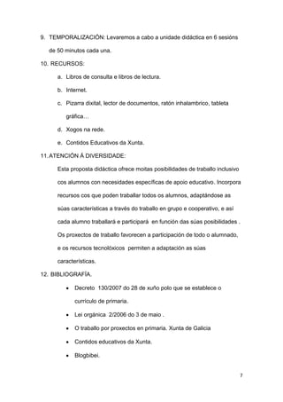 9. TEMPORALIZACIÓN: Levaremos a cabo a unidade didáctica en 6 sesións
de 50 minutos cada una.
10. RECURSOS:
a. Libros de consulta e libros de lectura.
b. Internet.
c. Pizarra dixital, lector de documentos, ratón inhalambrico, tableta
gráfica…
d. Xogos na rede.
e. Contidos Educativos da Xunta.
11. ATENCIÓN Á DIVERSIDADE:
Esta proposta didáctica ofrece moitas posibilidades de traballo inclusivo
cos alumnos con necesidades específicas de apoio educativo. Incorpora
recursos cos que poden traballar todos os alumnos, adaptándose as
súas características a través do traballo en grupo e cooperativo, e así
cada alumno traballará e participará en función das súas posibilidades .
Os proxectos de traballo favorecen a participación de todo o alumnado,
e os recursos tecnolóxicos permiten a adaptación as súas
características.
12. BIBLIOGRAFÍA.
Decreto 130/2007 do 28 de xuño polo que se establece o
currículo de primaria.
Lei orgánica 2/2006 do 3 de maio .
O traballo por proxectos en primaria. Xunta de Galicia
Contidos educativos da Xunta.
Blogbibei.

7

 