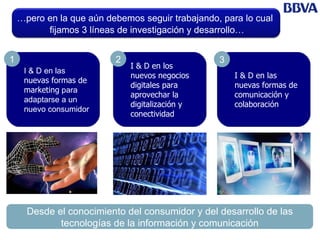 I & D en las nuevas formas de marketing  para adaptarse a un nuevo consumidor I & D en los  nuevos negocios digitales para aprovechar la digitalización y conectividad I & D en las  nuevas formas de comunicación y colaboración 1 2 3 Desde el conocimiento del consumidor y del desarrollo de las tecnologías de la información y comunicación … pero en la que aún debemos seguir trabajando, para lo cual fijamos 3 líneas de investigación y desarrollo… 