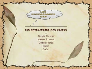 LOS NAVEGADORES MAS USADOS


        Google Chrome
       Internet Explorer
        Mozilla Firefox
             Opera
             Safari
 