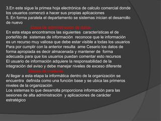 3.En este sigue la primea hoja electrónica de calculo comercial donde 
los usuarios comenzó a hacer sus propias aplicaciones 
5. En forma paralela el departamento se sistemas inician el desarrollo 
de nuevo 
Etapa de administración de datos 
En esta etapa encontramos las siguientes características el de 
porteñito de sistemas de información reconoce que le información 
es un recurso muy valiosa que debe estar visible a todas los usuarios 
Para por cumplir con la anterior resulta ame Cesario los datos de 
forma apropiada es decir almacenada y mantener de forma 
adecuada para que los usuarios puedan comentar esto recursos 
El usuario de información adquiere la responsabilidad de la 
integración del aviso y debe manejar niveles de exceso diferente 
Etapas de madurez 
Al llegar a esta etapa la informática dentro de la organización se 
encuentra definida como una función base y se ubica las primeros 
niveles de la organización 
Los sistemas lo que desarrolla proporciona información para las 
sesiones de alta administración y aplicaciones de carácter 
estratégico 
 