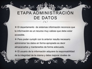 ETAPA ADMINISTRACIÓN 
DE DATOS 
 El departamento de sistemas información reconoce que 
la información es un recurso muy valioso que debe estar 
accesible. 
 Para poder cumplir con lo anterior resulta necesario 
administrar los datos en forma apropiada es decir 
almacenarlos y mantenerlos de forma adecuada. 
 El usuario de la información adquiere la responsabilidad 
de la integridad de la misma y debe mejorar niveles de 
acceso diferentes. 
