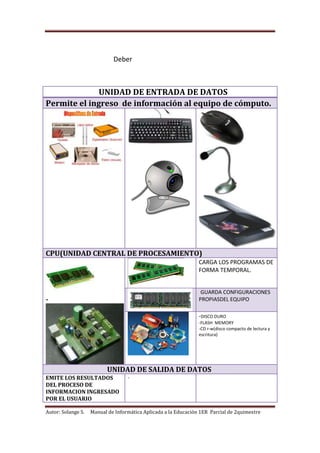 Autor: Solange S. Manual de Informática Aplicada a la Educación 1ER Parcial de 2quimestre
Deber
UNIDAD DE ENTRADA DE DATOS
Permite el ingreso de información al equipo de cómputo.
CPU(UNIDAD CENTRAL DE PROCESAMIENTO)
-
CARGA LOS PROGRAMAS DE
FORMA TEMPORAL.
GUARDA CONFIGURACIONES
PROPIASDEL EQUIPO
-DISCO DURO
-FLASH MEMORY
-CD r-w(disco compacto de lectura y
escritura)
UNIDAD DE SALIDA DE DATOS
EMITE LOS RESULTADOS
DEL PROCESO DE
INFORMACION INGRESADO
POR EL USUARIO
-
 