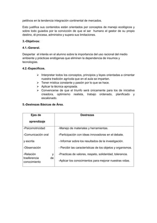 petitivos en la tendencia integración continental de mercados.
Esto justifica sus contenidos están orientados por conceptos de manejo ecológicos y
sobre todo guiados por la convicción de que el ser humano el gestor de su propio
destino, él procesa, administra y supera sus limitaciones.
3.-Objetivos:
4.1.-General.
Despertar el interés en el alumno sobre la importancia del uso racional del medio
ambiente y prácticas endógenas que eliminen la dependencia de insumos y
tecnologías.
4.2.-Especìficos.
 Interpretar todos los conceptos, principios y leyes orientadas a cimentar
nuestra tradición agrícola que en el aula se impartan.
 Tener mística constante y pasión por lo que se hace.
 Aplicar la técnica apropiada.
 Convencerse de que el triunfo será únicamente para los de iniciativa
creadora, optimismo realista, trabajo ordenado, planificado y
escalonado.
5.-Destrezas Básicas de Área.
Ejes de
aprendizaje
Destrezas
-Psicomotricidad
-Comunicación oral
y escrita
-Observación
-Relación y
trasferencia de
conocimiento
-Manejo de materiales y herramientas.
-Participación con ideas innovadoras en el debate.
- Informar sobre los resultados de la investigación.
- Percibir las características de los objetos y organismos.
-Practicas de valores, respeto, solidaridad, tolerancia.
-Aplicar los conocimientos para mejorar nuestras vidas.
 