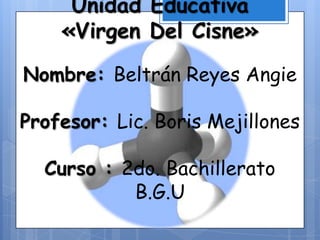 Unidad Educativa
«Virgen Del Cisne»
Nombre: Beltrán Reyes Angie
Profesor: Lic. Boris Mejillones
Curso : 2do. Bachillerato
B.G.U
 