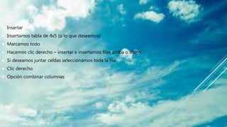 Insertar
 Insertamos tabla de 4x5 (o lo que deseemos)
 Marcamos todo
 Hacemos clic derecho – insertar e insertamos filas arriba o abajo
 Si deseamos juntar celdas seleccionamos toda la fila
 Clic derecho
 Opción combinar columnas
 