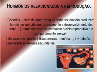 HORMÔNIOS RELACIONADOS A REPRODUÇÃO.

  Gônadas     - além de produzirem os gametas também produzem
      hormônios que afetam o crescimento e desenvolvimento do
    corpo . ( hormônios sexuais controlam o ciclo reprodutivo e o
                        comportamento sexual).
 Influencia nas características sexuais primárias , levando ás
  características sexuais secundárias.
 