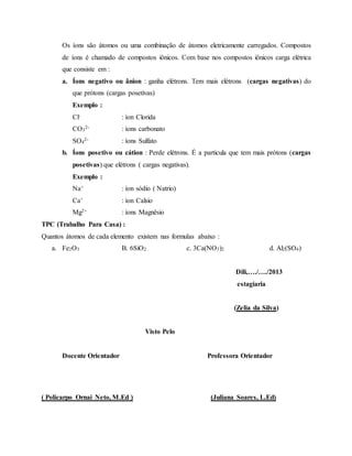 Os íons são átomos ou uma combinação de átomos eletricamente carregados. Compostos
de íons é chamado de compostos iônicos. Com base nos compostos iônicos carga elétrica
que consiste em :
a. Íons negativo ou ânion : ganha elétrons. Tem mais elétrons (cargas negativas) do
que prótons (cargas posetivas)
Exemplo :
Cl- : íon Clorida
CO3
2- : íons carbonato
SO4
2- : íons Sulfato
b. Íons posetivo ou cátion : Perde elétrons. É a particula que tem mais prótons (cargas
posetivas) que elétrons ( cargas negativas).
Exemplo :
Na+ : íon sódio ( Natrio)
Ca+ : íon Calsio
Mg2+ : íons Magnêsio
TPC (Trabalho Para Casa) :
Quantos átomos de cada elemento existem nas formulas abaixo :
a. Fe2O3 B. 6SiO2 c. 3Ca(NO3)2 d. Al2(SO4)
Dili,…./…./2013
estagiaria
(Zelia da Silva)
Visto Pelo
Docente Orientador Professora Orientador
( Policarpo Ornai Neto, M.Ed ) (Juliana Soares, L.Ed)
 