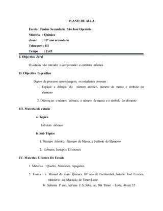 PLANO DE AULA
Escola : Ensino Secundário São José Operário
Materia : Química
classe : 10o ano secundário
Trimestre : III
Tempo : 2x45
I. Objectivo Jeral
Os alunos vão entender e compreender a estrutura atômica
II. Objectivo Específico
Depois de processo aprendizagem, os estudantes possam :
1. Esplicar a difinição do número atômico, número de massa e símbolo do
elemento
2. Diferençiar o número atômico, o número de massa e o símbolo do elémento
III. Material de estudo
a. Tópico
Estrutura atômico
b. Sub Tópico
1. Número Atômico, Número de Massa, e Símbolo do Elemento
2. Isobaros, Isotopos E Isotonos
IV. Materias E Fontes De Estudo
1. Materiais : Quadro, Marcador, Apagador,
2. Fontes : a. Manual do aluno Química 10o ano de Escolaridade,Antonio José Ferreira,
ministério da Educação de Timor-Leste.
b. Sabenta I0 ano, Adriana C.S. Silva, ac, Dili Timor – Leste; 46 ate 55
 