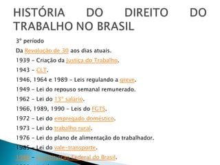 3º período Da  Revolução de 30  aos dias atuais. 1939 - Criação da  Justiça do Trabalho .  1943 -  CLT .  1946, 1964 e 1989 - Leis regulando a  greve .  1949 - Lei do repouso semanal remunerado.  1962 - Lei do  13º salário .  1966, 1989, 1990 - Leis do  FGTS .  1972 - Lei do  empregado doméstico .  1973 - Lei do  trabalho rural .  1976 - Lei do plano de alimentação do trabalhador.  1985 - Lei do  vale-transporte .  1988  -  Constituição Federal do Brasil .  1990 - Lei do  seguro-desemprego .  