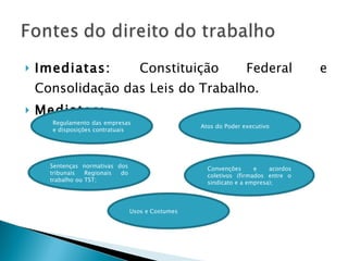 Imediatas:  Constituição Federal e Consolidação das Leis do Trabalho. Mediatas:  Convenções e acordos coletivos (firmados entre o sindicato e a empresa); Sentenças normativas dos tribunais Regionais do trabalho ou TST; Atos do Poder executivo Regulamento das empresas e disposições contratuais Usos e Costumes 