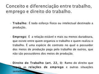 Trabalho:  É todo esforço físico ou intelectual destinado a produção. Emprego:  É  a relação estável e mais ou menos duradoura, que existe entre quem organiza o trabalho e quem realiza o trabalho. É uma espécie de contrato no qual o possuidor dos meios de produção paga pelo trabalho de outros, que não são possuidores dos meios de produção. Direito do Trabalho (art. 22, I):  Ramo do direito que regula as  relações de emprego  e outras situações semelhantes. 