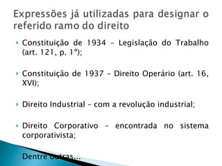 Constituição de 1934 – Legislação do Trabalho (art. 121, p. 1º); Constituição de 1937 – Direito Operário (art. 16, XVI);  Direito Industrial – com a revolução industrial; Direito Corporativo – encontrada no sistema corporativista; Dentre outras... 
